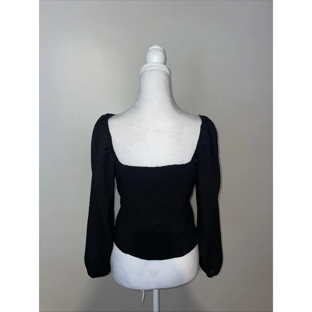 Abercrombie & Fitch M Black Smocked Top Puff Sleeve Ruched Tie Front Crop Blouse